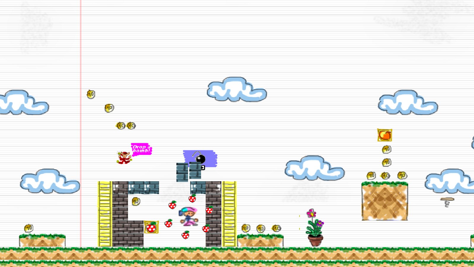 Androkids 2: brick walls, ladders and coins drawn on squared paper