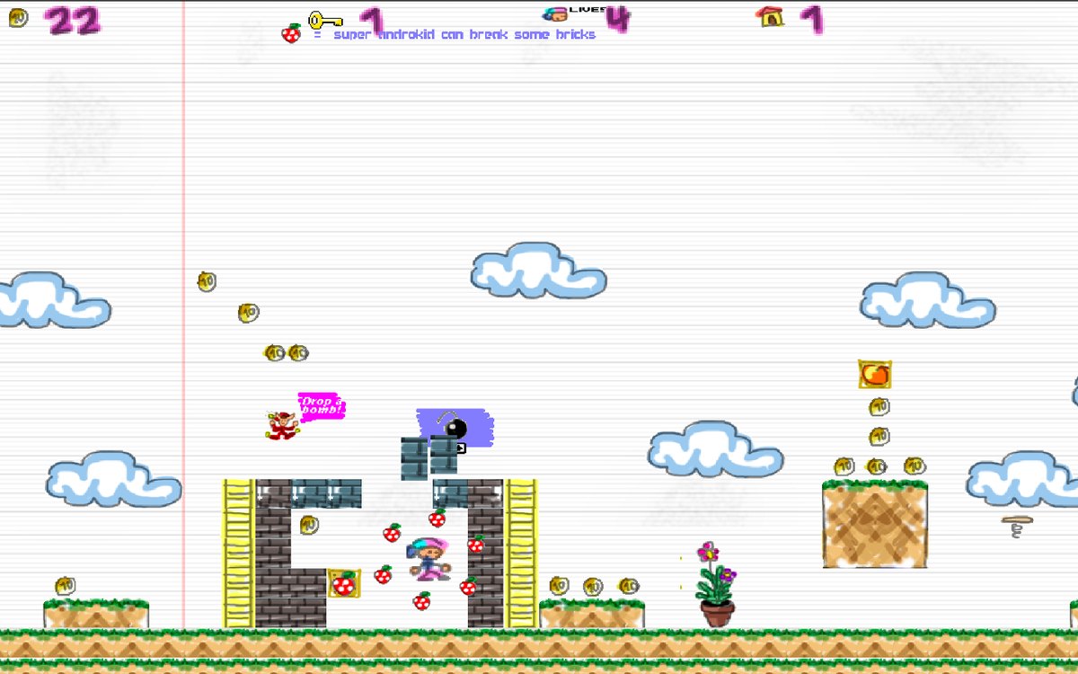 Super Androkid breaking bricks between two ladders