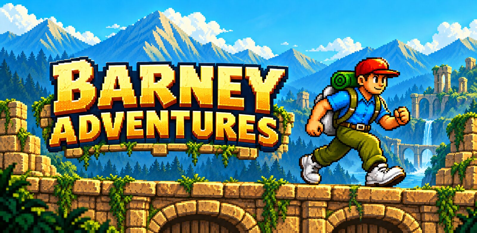 Barney Adventures &mdash; the backpacker running across a stone bridge under the mountains
