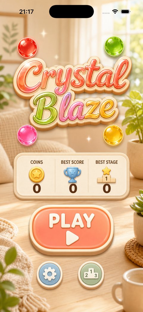 The Crystal Blaze home screen with coins, best score and best stage