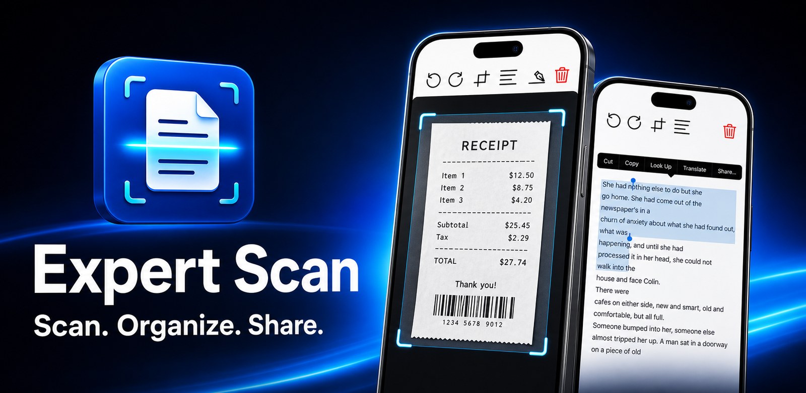 Expert Scan &mdash; scan, organize, share: a receipt being scanned and its text selected on two iPhones