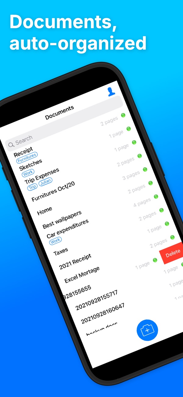 Documents list, auto-organized with tags and page counts
