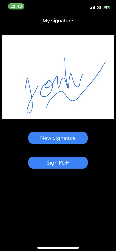 The same signature screen in dark mode