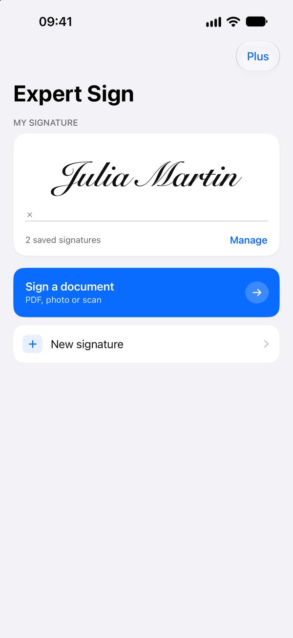 Home: your saved signature, Sign a document and New signature