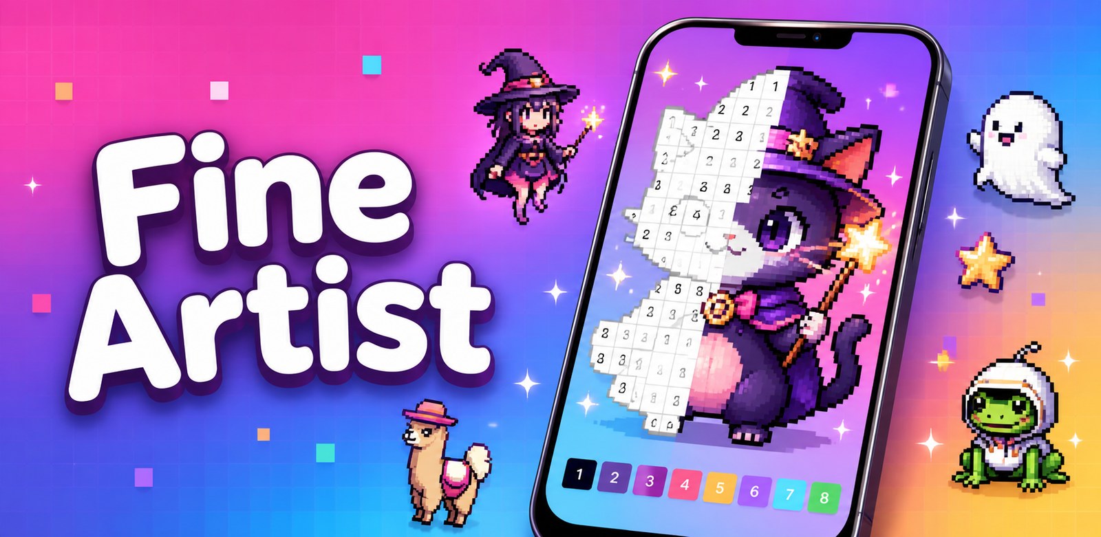 Fine Artist &mdash; a pixel-art cat being coloured in cell by cell