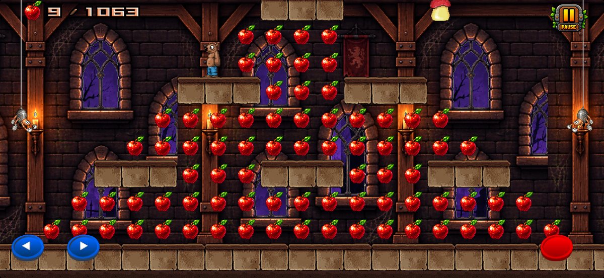 World 3, the mines: torchlit stone halls, apples strung between the platforms