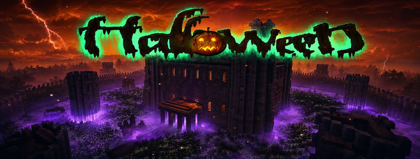 Halloween 3D - le chateau et sa citrouille sous un ciel d'orage