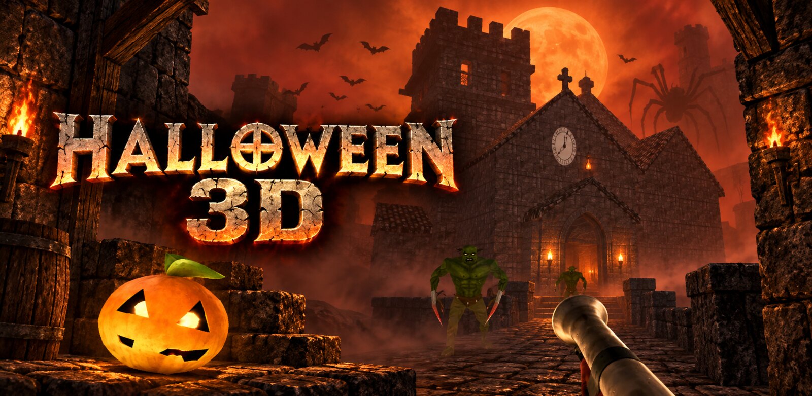 Halloween 3D &mdash; the jack-o'-lantern and the goblins on the cobbled path to the haunted church, under a blood moon