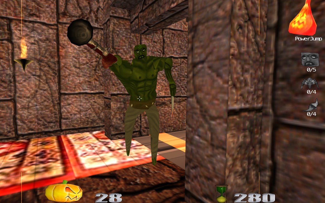 Halloween 3D: a green ogre swinging a mace in the castle corridors, with the PowerJump and level goals HUD