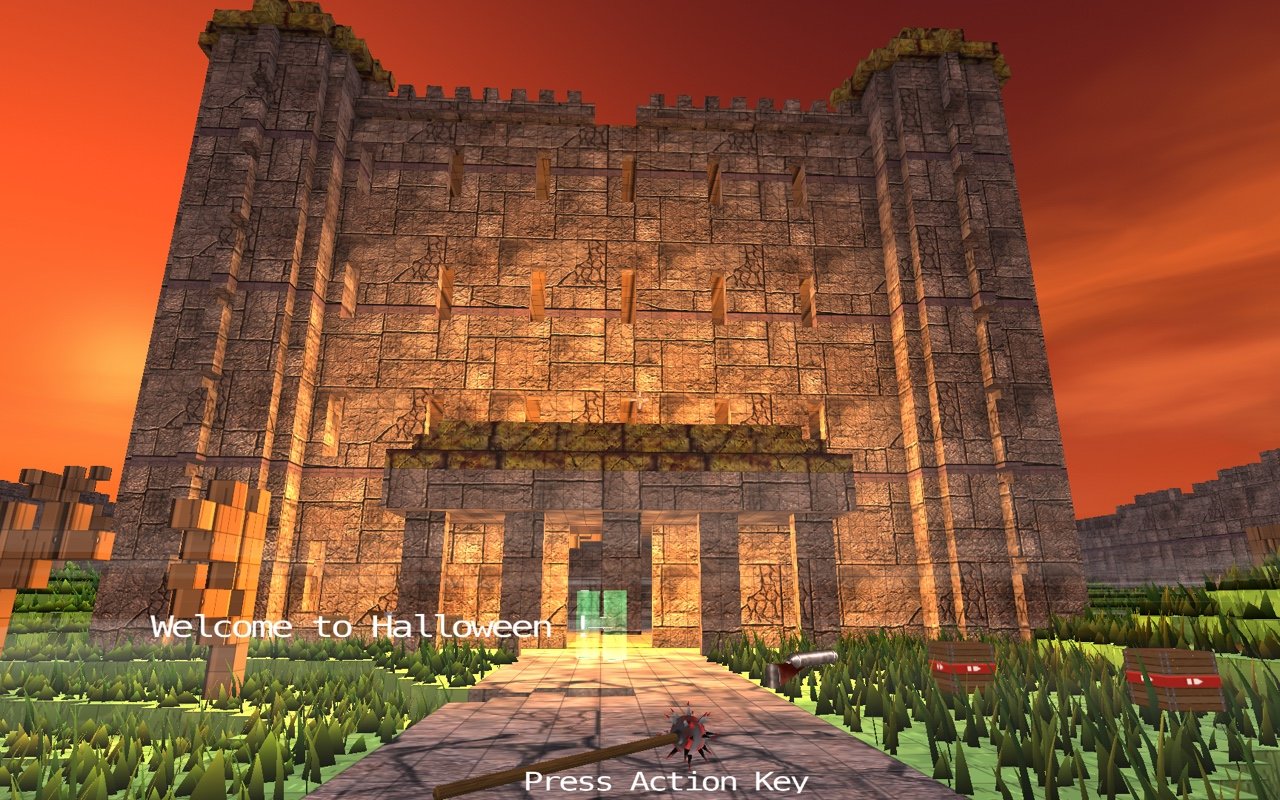 Halloween 3D: the stone castle under a blood-orange sky, "Welcome to Halloween"