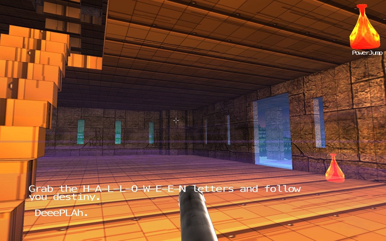 Halloween 3D: grab the H-A-L-L-O-W-E-E-N letters in a lit hall, a PowerJump potion on the floor
