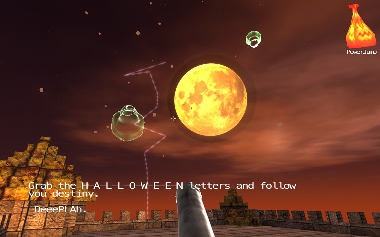 Halloween 3D: ghosts and lightning around the full moon above the castle ramparts