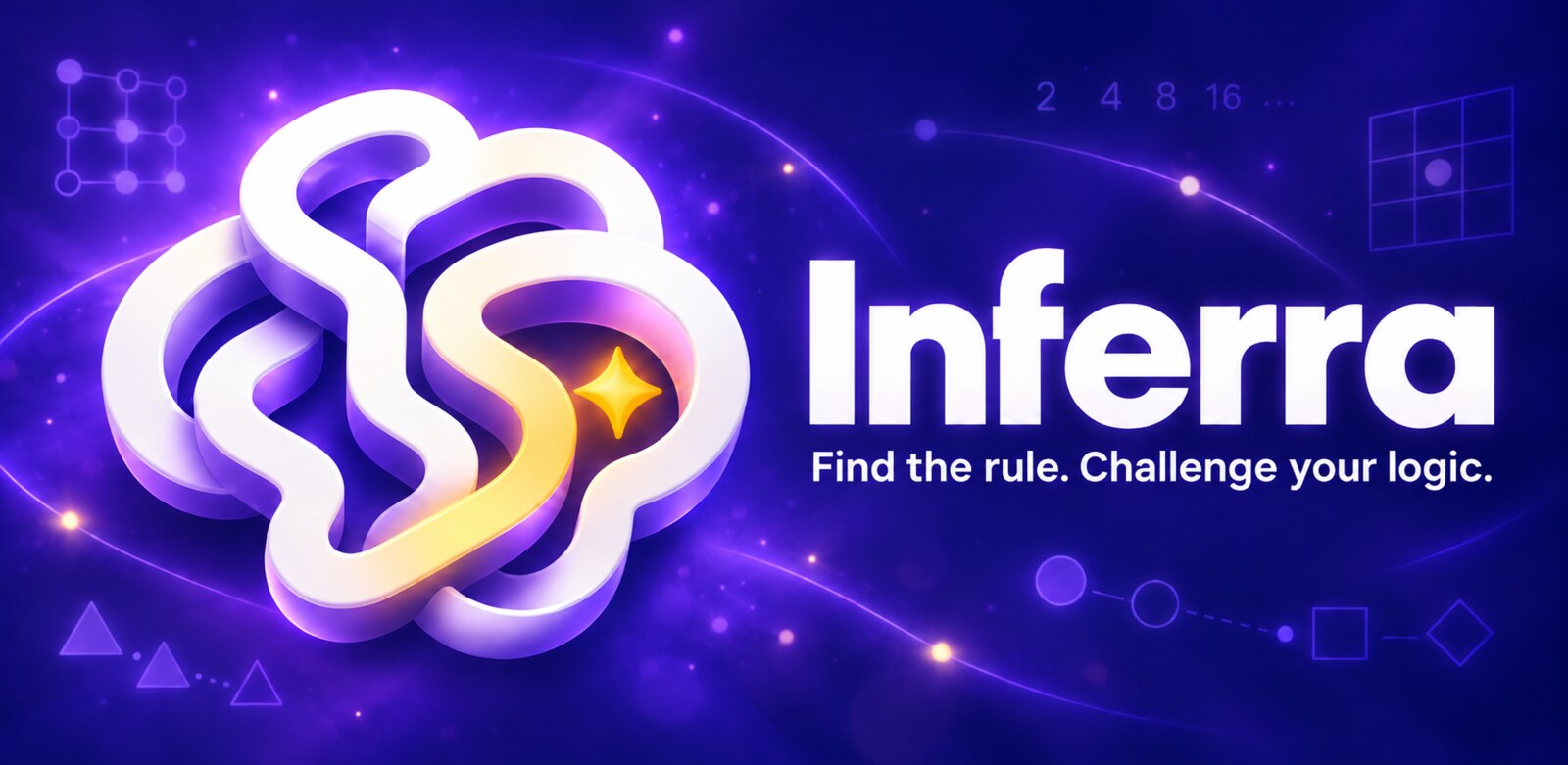 Inferra &mdash; the white 3D logic knot with its golden spark, on a purple field of sequences: 2 4 8 16, grids, triangles and circles. Find the rule. Challenge your logic.