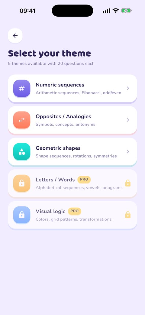 Theme picker: numeric sequences, opposites and analogies, geometric shapes, letters and words, visual logic