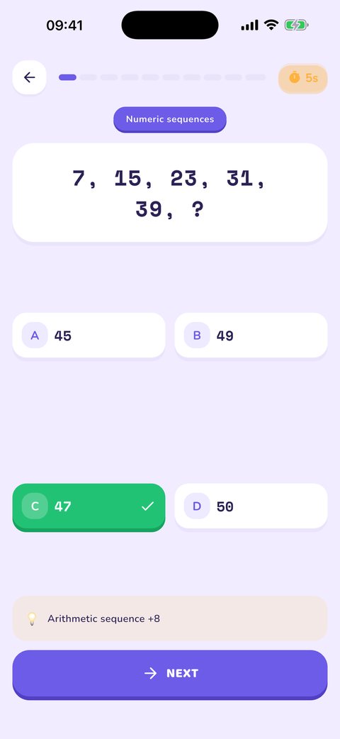 The right answer in green, with the rule spelled out: arithmetic sequence, plus eight
