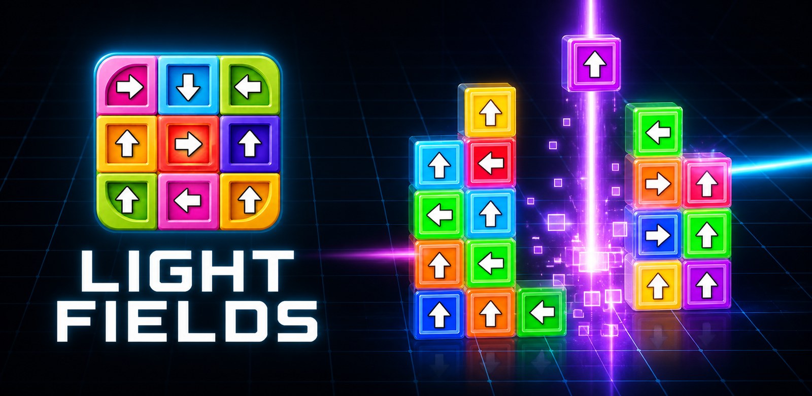 Light Fields &mdash; stacks of glowing arrow blocks falling towards a neon grid