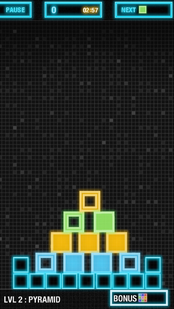 Light Fields mission level: a pyramid of neon blocks