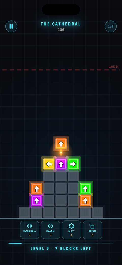 The Cathedral: a pyramid of arrow blocks and the black hole, magnet, blast and rotate powerups