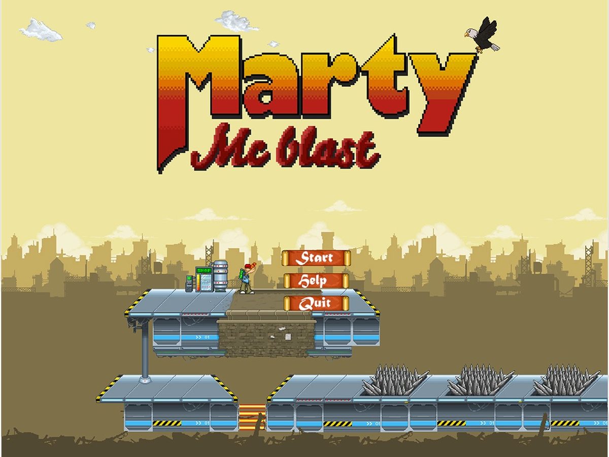 Marty McBlast title screen on a rooftop above the city