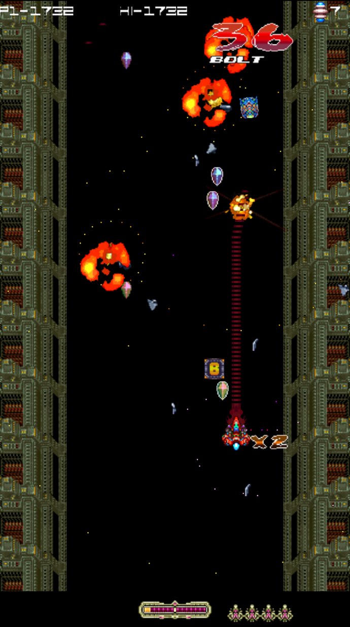 Metal-Angel on Android: the red fighter's beam cutting through an enemy, 36-hit combo