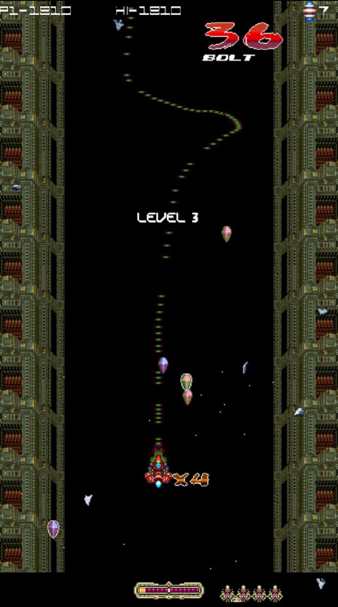 Metal-Angel on Android: Level 3 begins, a snake of enemy bullets winding down the lane
