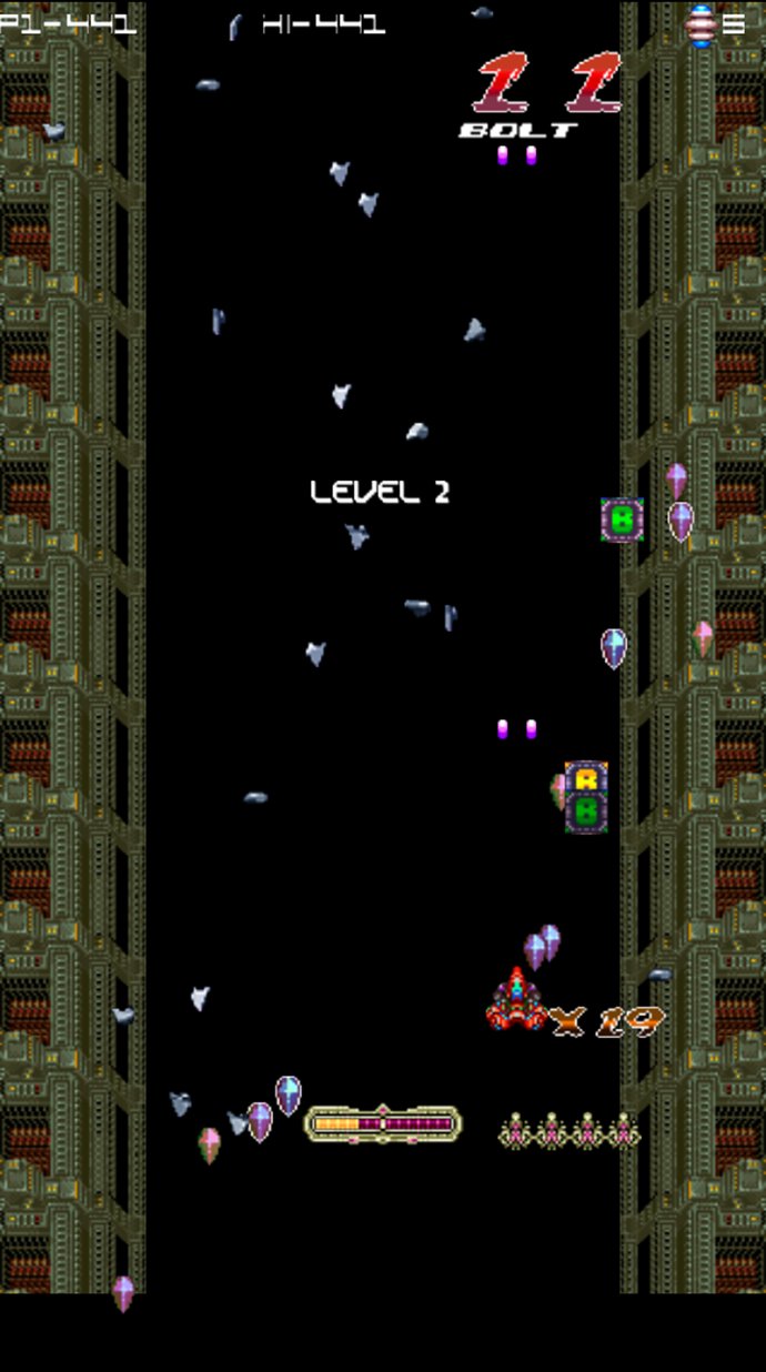 Metal-Angel on Android: Level 2, bomb and power-up capsules drifting towards the ship