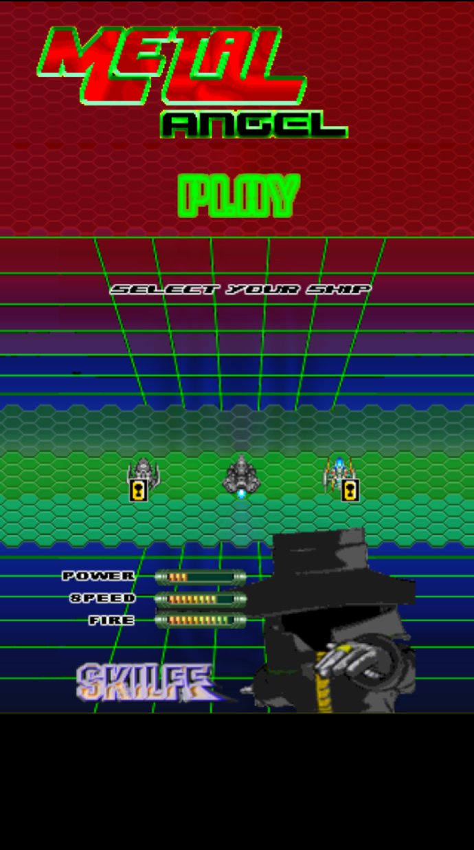 Metal-Angel on Android: title screen and ship selection with power, speed and fire stats
