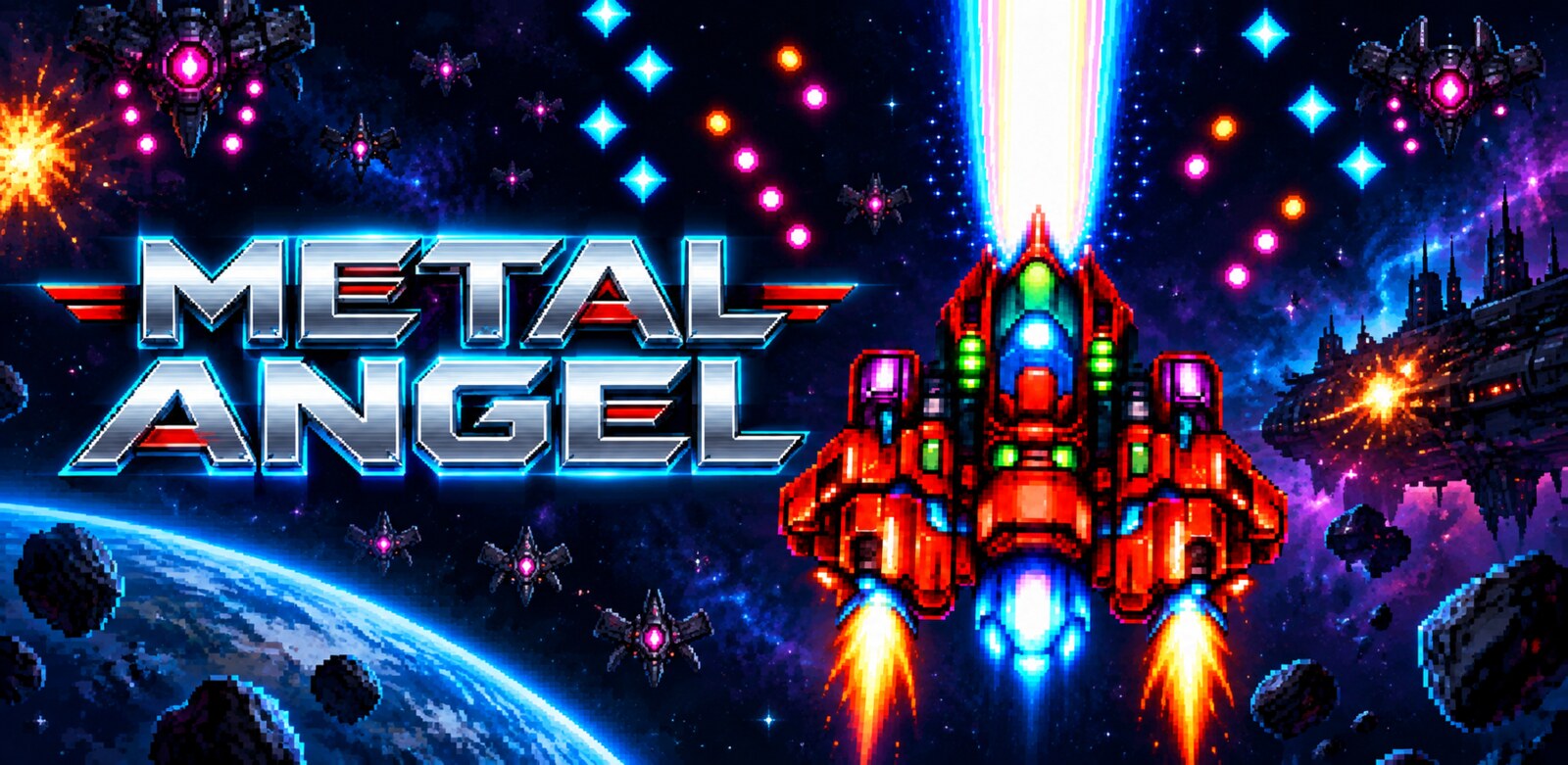 Metal-Angel &mdash; the red fighter firing its beam through a swarm of enemy ships above the planet