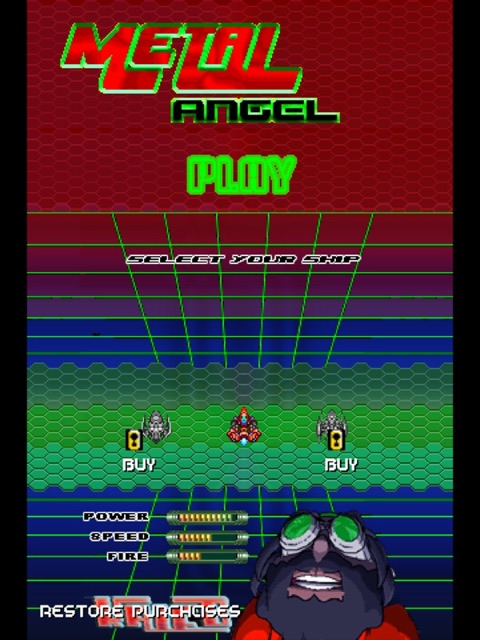 Metal-Angel ship selection screen with power, speed and fire stats