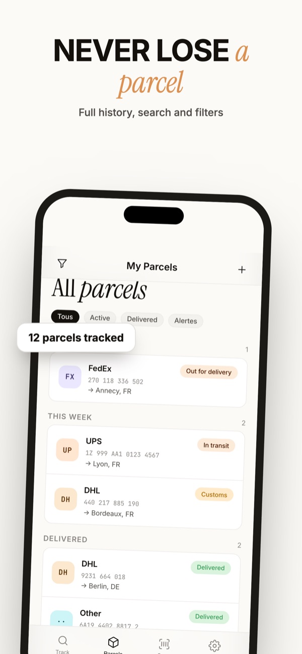 Full history with search and filters