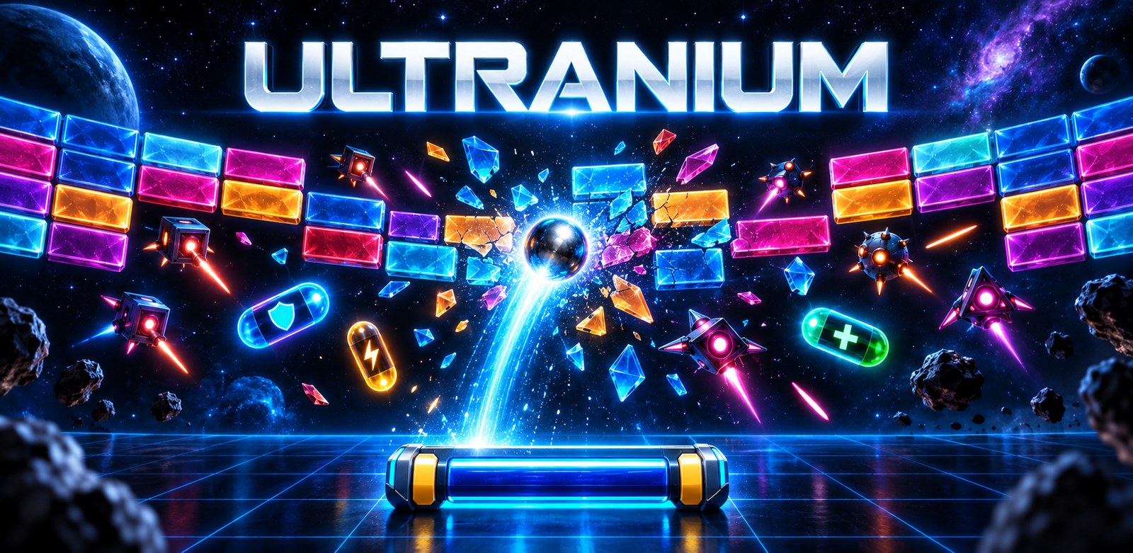Ultranium &mdash; the ball tearing through a wall of neon bricks above the paddle, out in space