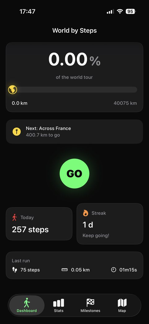Dashboard: percentage of the world tour done, next destination, streak and the GO button