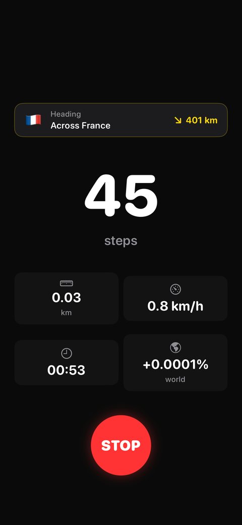 A walk in progress: steps, distance, speed and the share of the world crossed