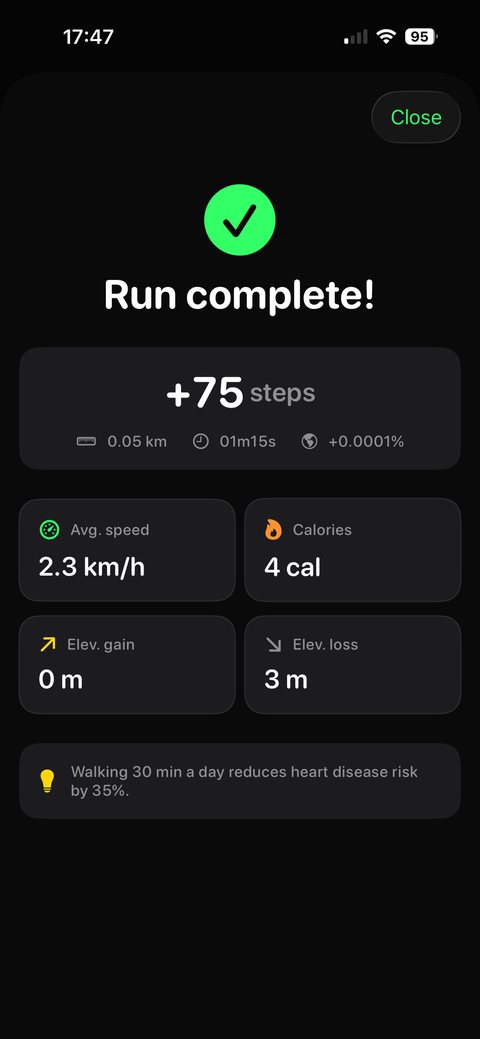 Walk complete: steps added, average speed, calories and elevation