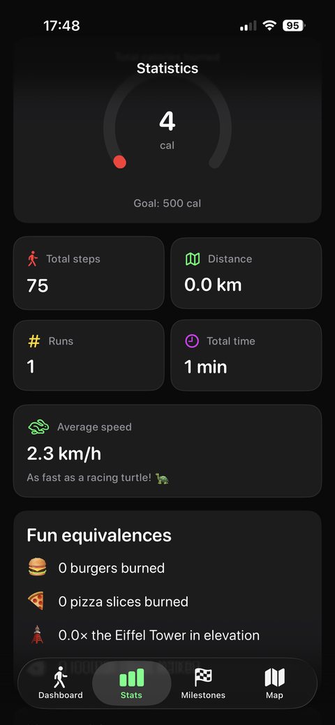 Statistics: total steps, distance, active time and fun equivalences